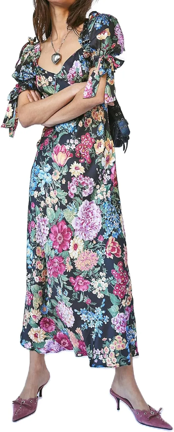 Woman Floral Puff Sleeve Maxi Dress Square Neck Ruffle Flowy Long Dresses Boho Tiered A Line Summer Sundress