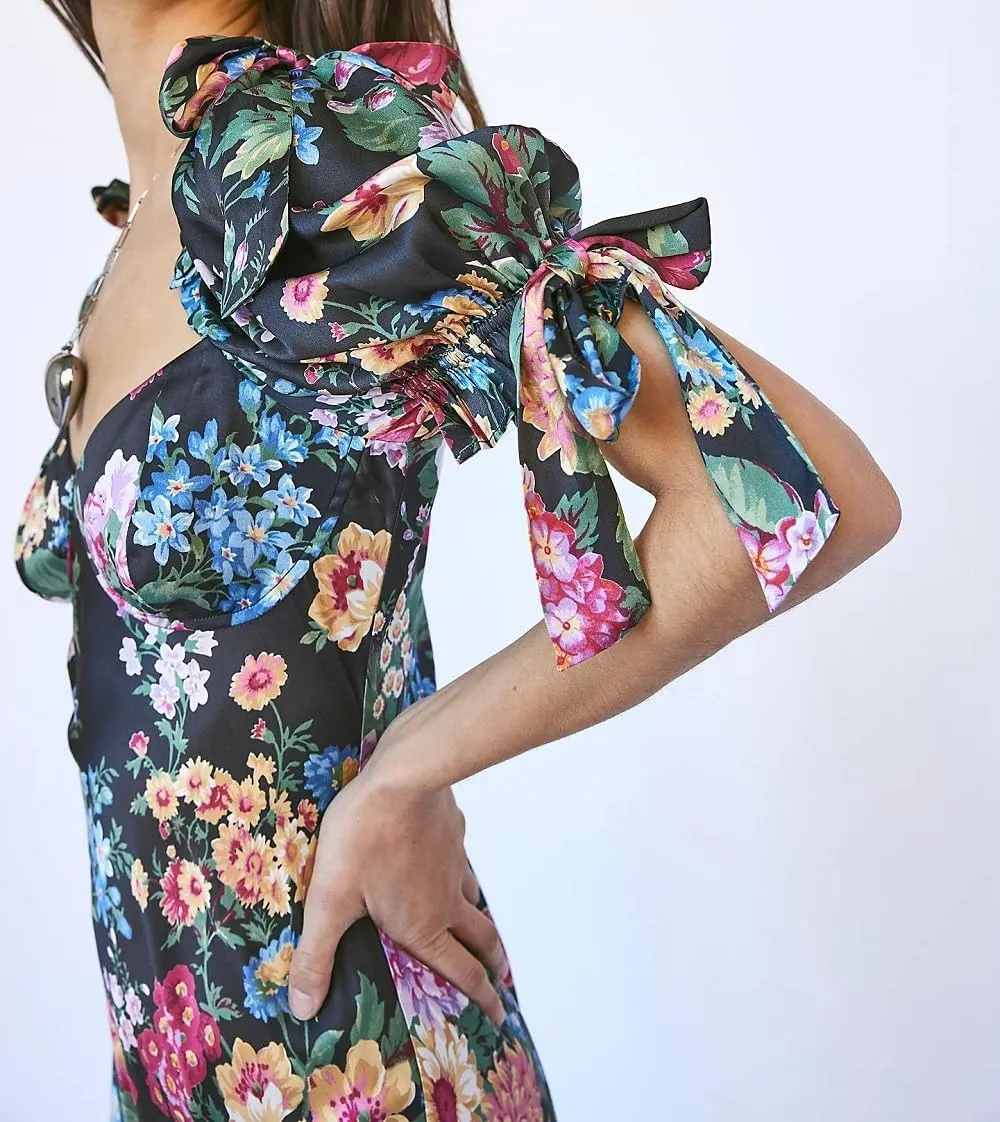Woman Floral Puff Sleeve Maxi Dress Square Neck Ruffle Flowy Long Dresses Boho Tiered A Line Summer Sundress