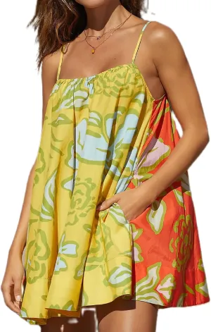 Women Boho Floral Mini Cami Dress Spaghetti Strap Flowy Sling Dress Graphic Backless Summer Holiday Sundress