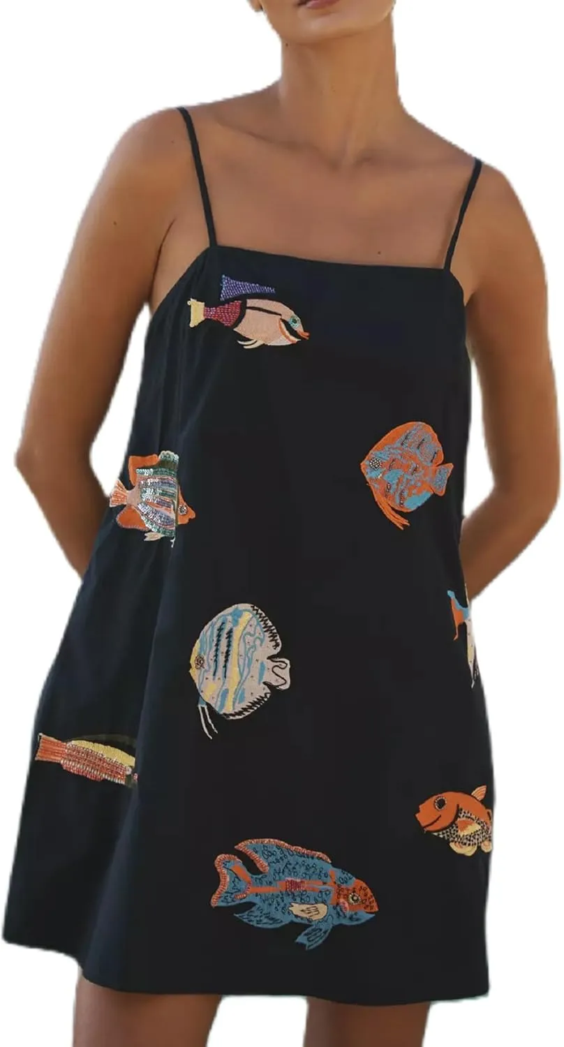 Women Boho Floral Mini Cami Dress Spaghetti Strap Flowy Sling Dress Graphic Backless Summer Holiday Sundress
