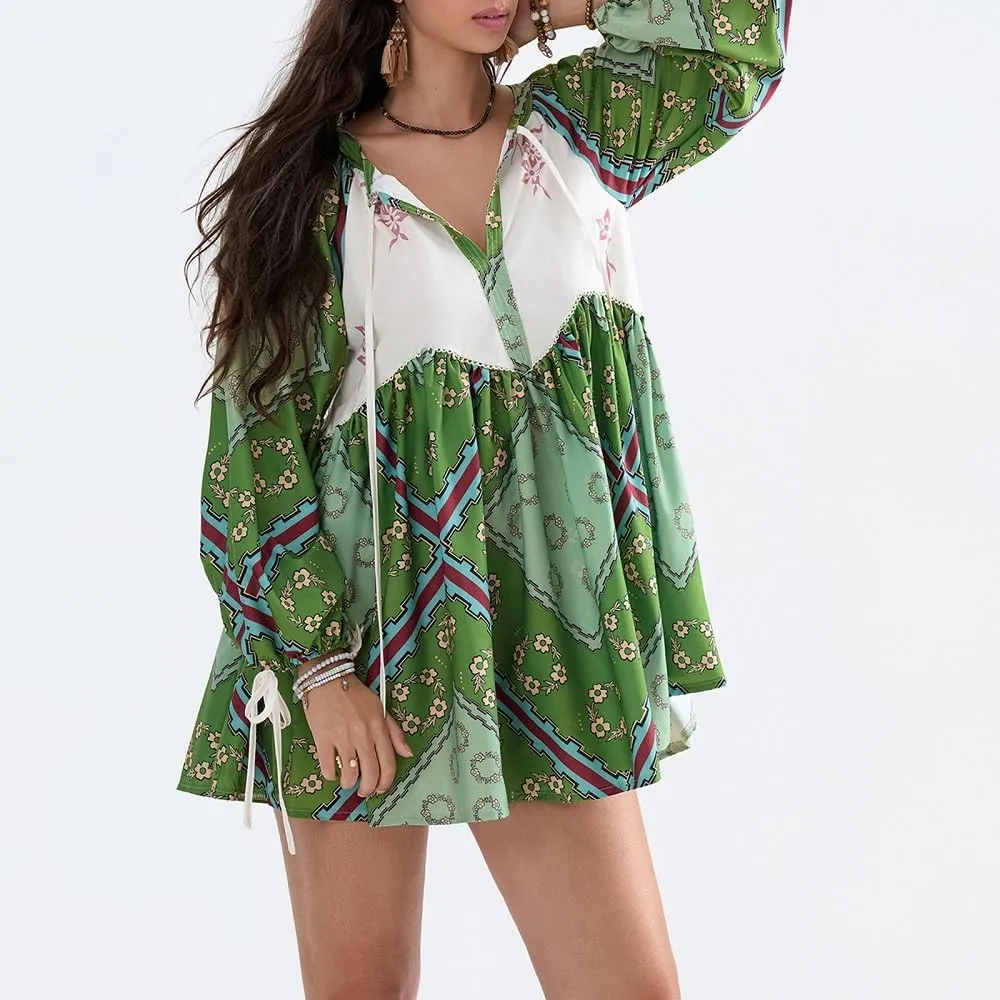 Women Boho Puff Sleeve Short Dress Floral V Neck Babydoll Dress Flowy Loose Fit Shirt Dress Bohemian Mini Sundress