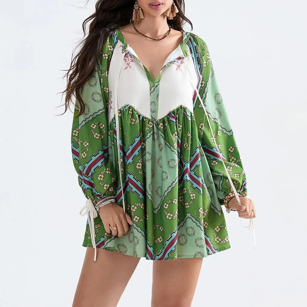 Women Boho Puff Sleeve Short Dress Floral V Neck Babydoll Dress Flowy Loose Fit Shirt Dress Bohemian Mini Sundress