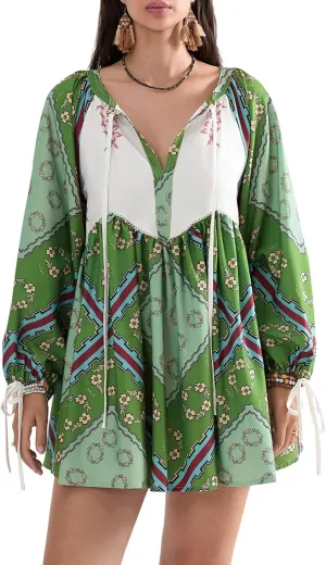 Women Boho Puff Sleeve Short Dress Floral V Neck Babydoll Dress Flowy Loose Fit Shirt Dress Bohemian Mini Sundress