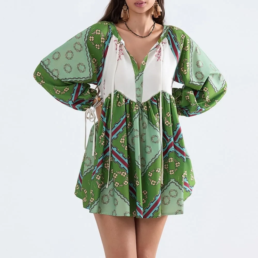Women Boho Puff Sleeve Short Dress Floral V Neck Babydoll Dress Flowy Loose Fit Shirt Dress Bohemian Mini Sundress