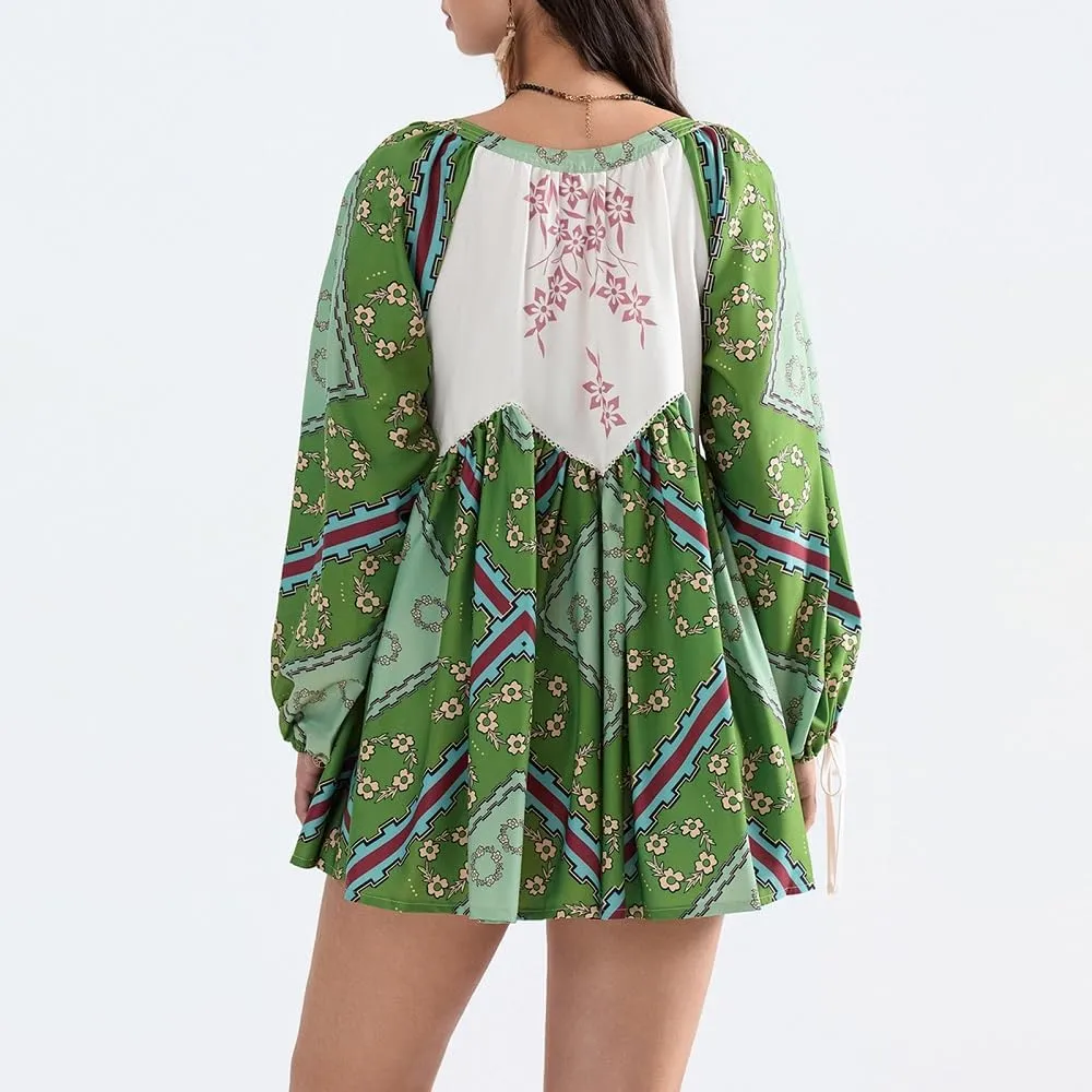 Women Boho Puff Sleeve Short Dress Floral V Neck Babydoll Dress Flowy Loose Fit Shirt Dress Bohemian Mini Sundress