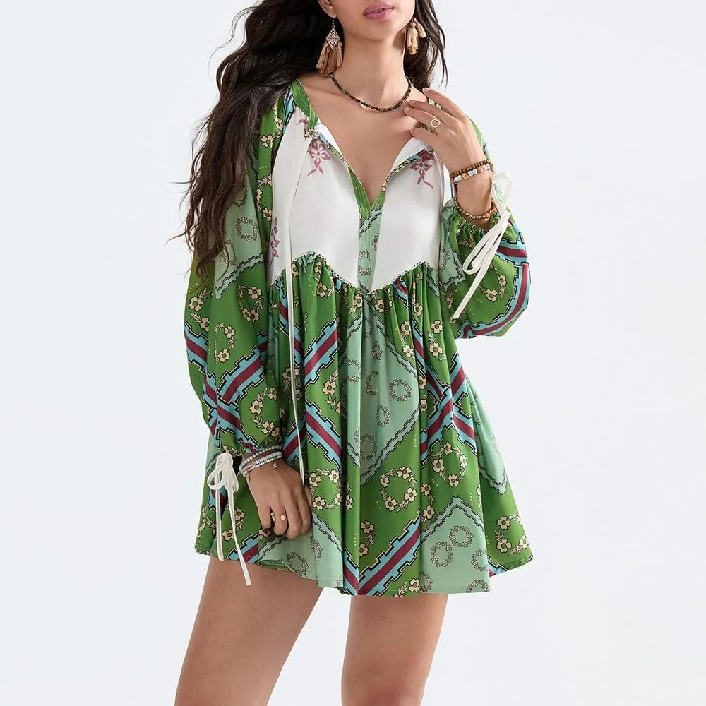 Women Boho Puff Sleeve Short Dress Floral V Neck Babydoll Dress Flowy Loose Fit Shirt Dress Bohemian Mini Sundress