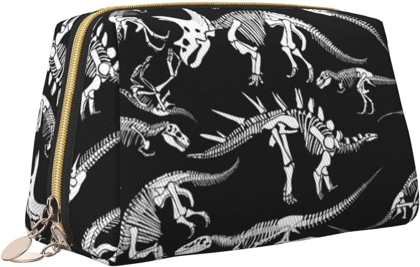 Women Cosmetics Bag Compatible With Black And White Dinosaur Skull Skeleton, Makeup Pouch, Tools Toiletry Jewelry Portable Bag Cases, Leather Cloth Storage, Fashion Coin Case for Men Women