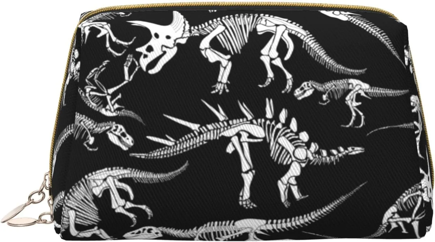 Women Cosmetics Bag Compatible With Black And White Dinosaur Skull Skeleton, Makeup Pouch, Tools Toiletry Jewelry Portable Bag Cases, Leather Cloth Storage, Fashion Coin Case for Men Women