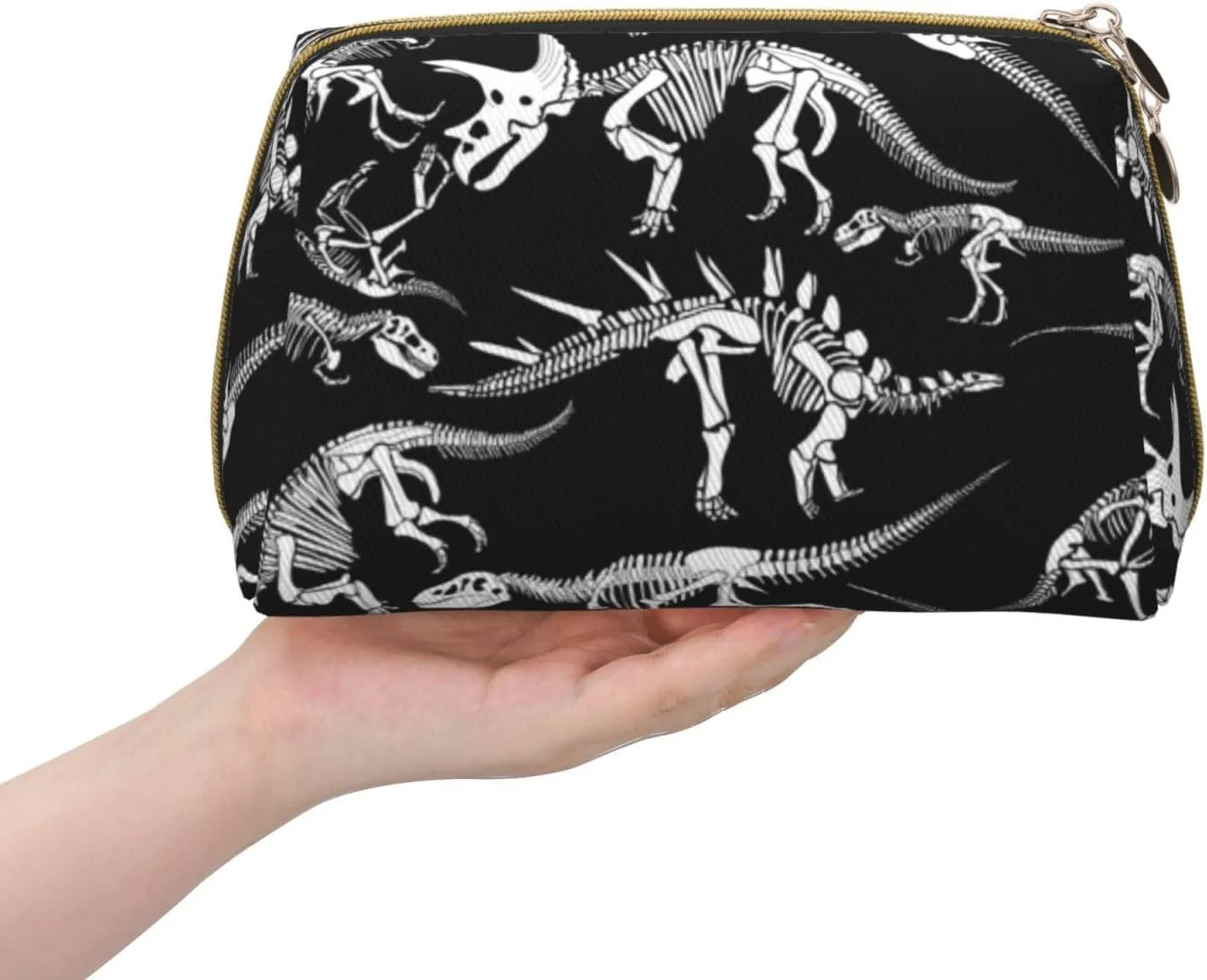 Women Cosmetics Bag Compatible With Black And White Dinosaur Skull Skeleton, Makeup Pouch, Tools Toiletry Jewelry Portable Bag Cases, Leather Cloth Storage, Fashion Coin Case for Men Women