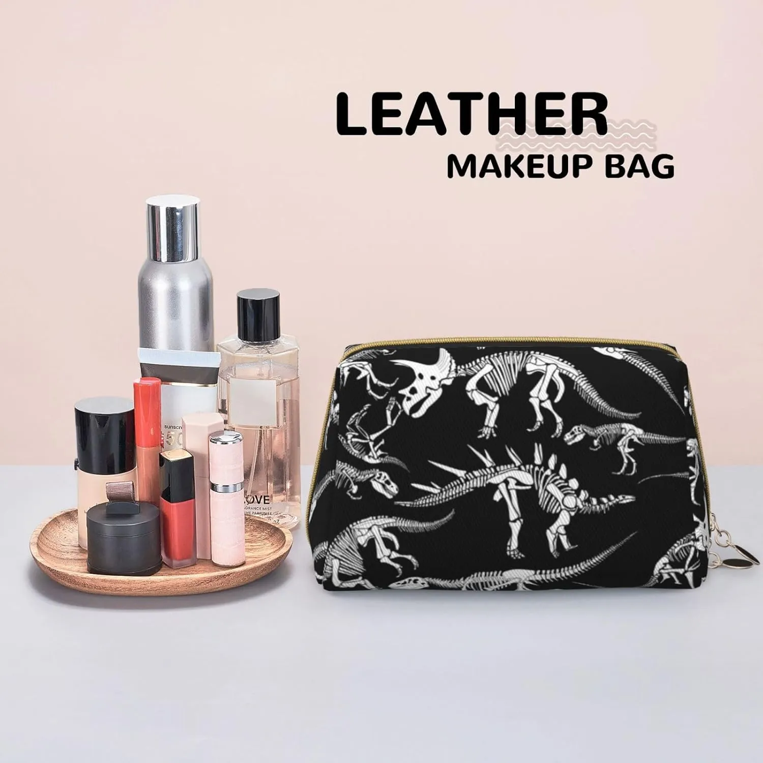 Women Cosmetics Bag Compatible With Black And White Dinosaur Skull Skeleton, Makeup Pouch, Tools Toiletry Jewelry Portable Bag Cases, Leather Cloth Storage, Fashion Coin Case for Men Women