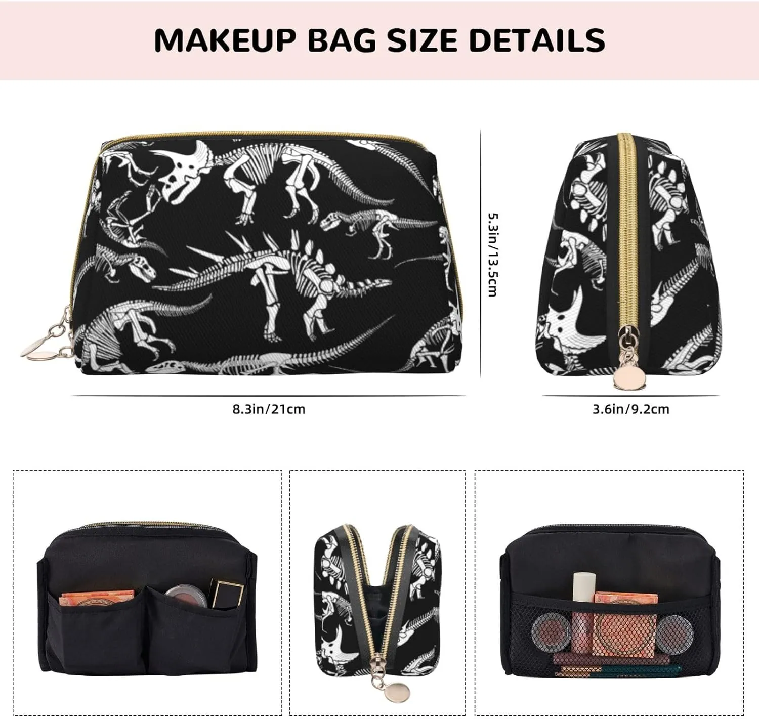 Women Cosmetics Bag Compatible With Black And White Dinosaur Skull Skeleton, Makeup Pouch, Tools Toiletry Jewelry Portable Bag Cases, Leather Cloth Storage, Fashion Coin Case for Men Women