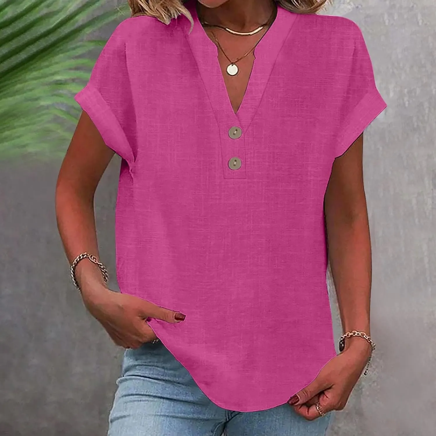 Women Cotton Linen Summer Tops Short Sleeve Loose Fit Blouses V Neck Dressy Casual Tunic Boho Resort Wear Clothing