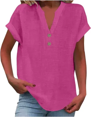 Women Cotton Linen Summer Tops Short Sleeve Loose Fit Blouses V Neck Dressy Casual Tunic Boho Resort Wear Clothing