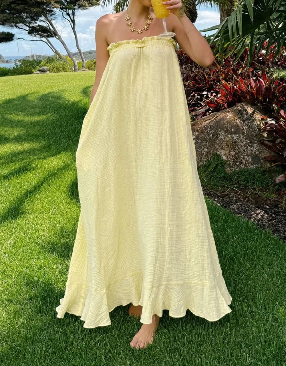 Women Floral Print Maxi Tube Dress Strapless Flowy Long Bandeau Dress Y2K Open Back Sundress Summer Beachwear