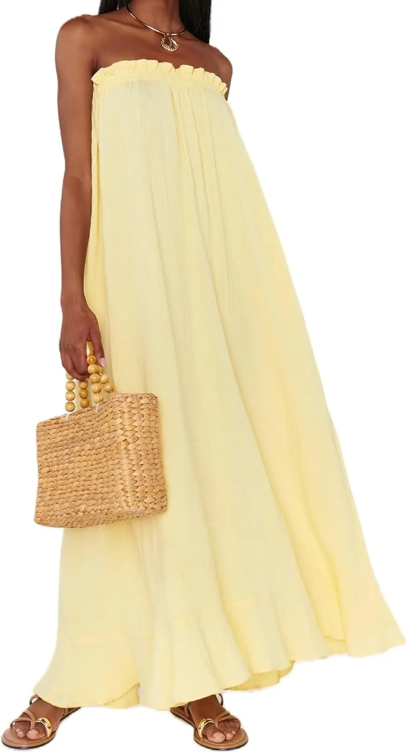 Women Floral Print Maxi Tube Dress Strapless Flowy Long Bandeau Dress Y2K Open Back Sundress Summer Beachwear
