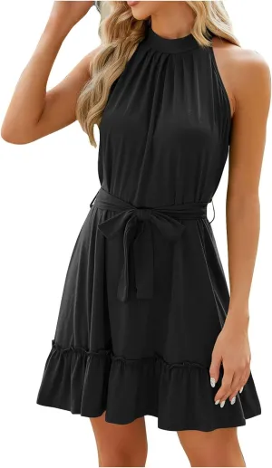 Women Halter Dresses Summer Ruffle Tiered Layered Sundress A Line Swing Mini Dress Sleeveless Tie Waist
