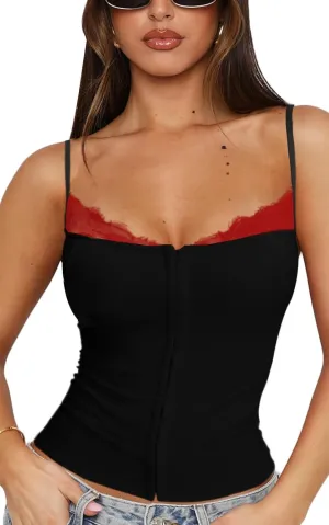 Women Lace Trim Tank Cami Top with Built in Bra Cute Padded Lingerie for Summer Date Night Going Out