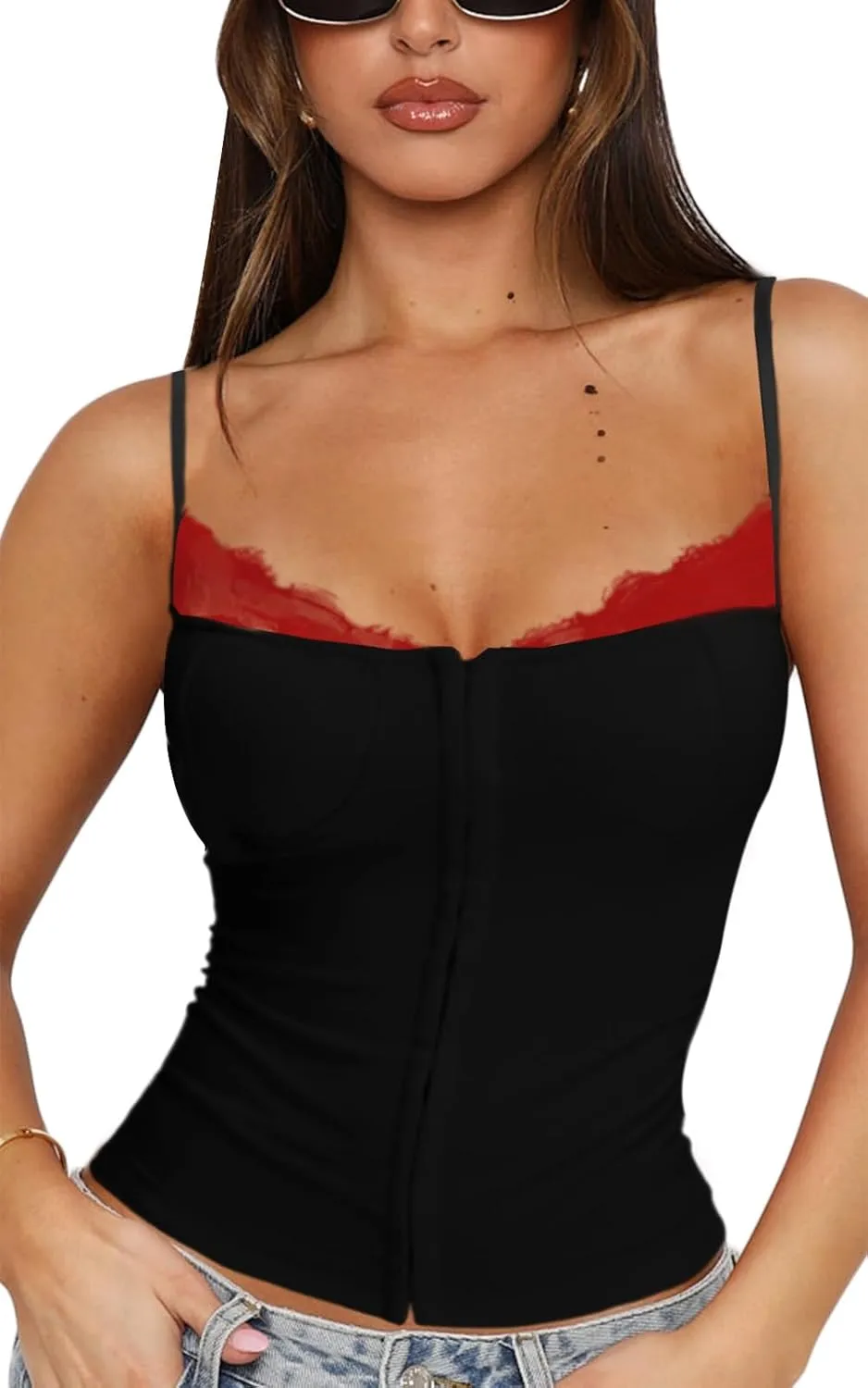 Women Lace Trim Tank Cami Top with Built in Bra Cute Padded Lingerie for Summer Date Night Going Out
