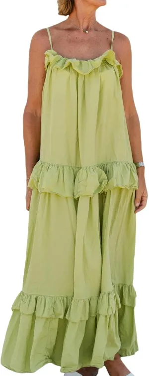 Women Ruffle Cami Maxi Dress Spaghetti Strap Swing Tiered Sundress Casual Tie Flowy Long Beach Dress