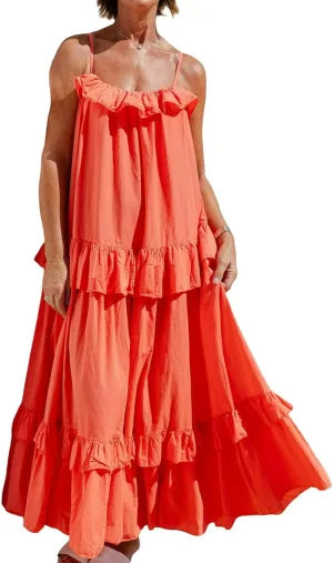 Women Ruffle Cami Maxi Dress Spaghetti Strap Swing Tiered Sundress Casual Tie Flowy Long Beach Dress