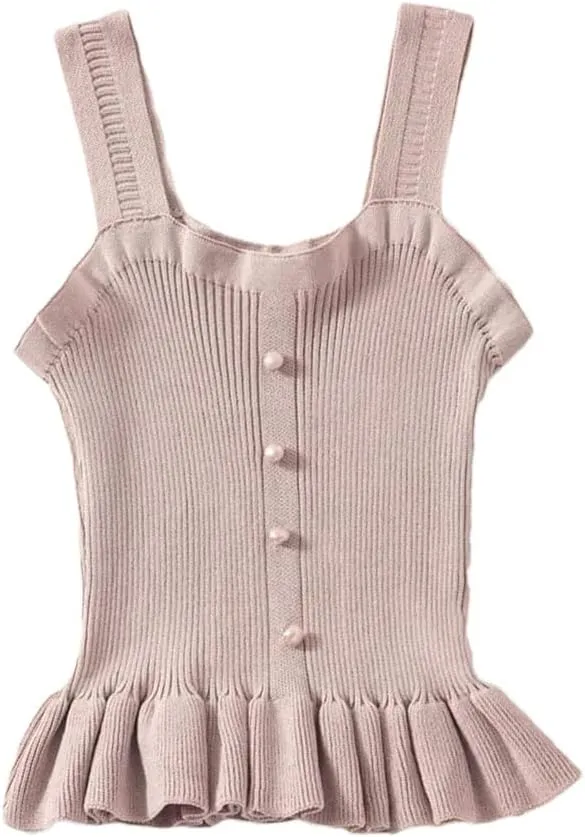 Women Ruffle Edge Button Tank Tops Elastic Knit Camisole Worn Outside Slim Sleeveless Rib Crop Top