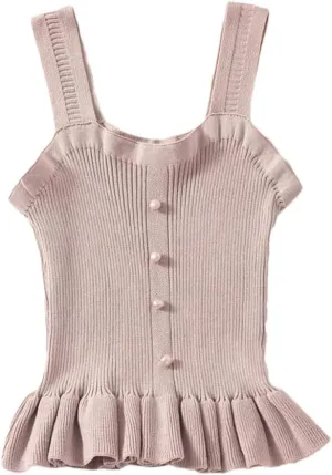 Women Ruffle Edge Button Tank Tops Elastic Knit Camisole Worn Outside Slim Sleeveless Rib Crop Top