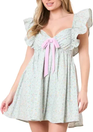 Women Ruffle Trim Babydoll Mini Dress Cute Bow Tie Flowy Sundress Loose Sling Dress Floral Going Out Dresses