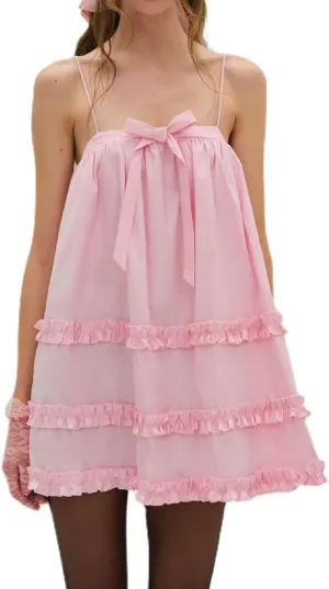 Women Ruffle Trim Babydoll Mini Dress Cute Bow Tie Flowy Sundress Loose Sling Dress Floral Going Out Dresses