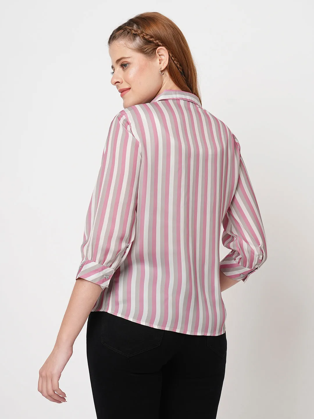 Women Slim Fit Pink/Cement Stripe Shirt