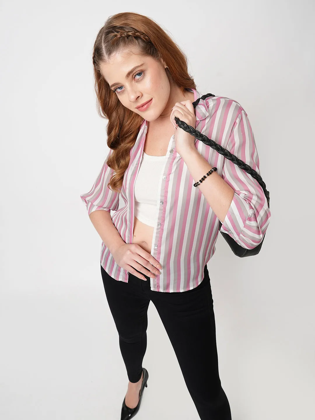 Women Slim Fit Pink/Cement Stripe Shirt