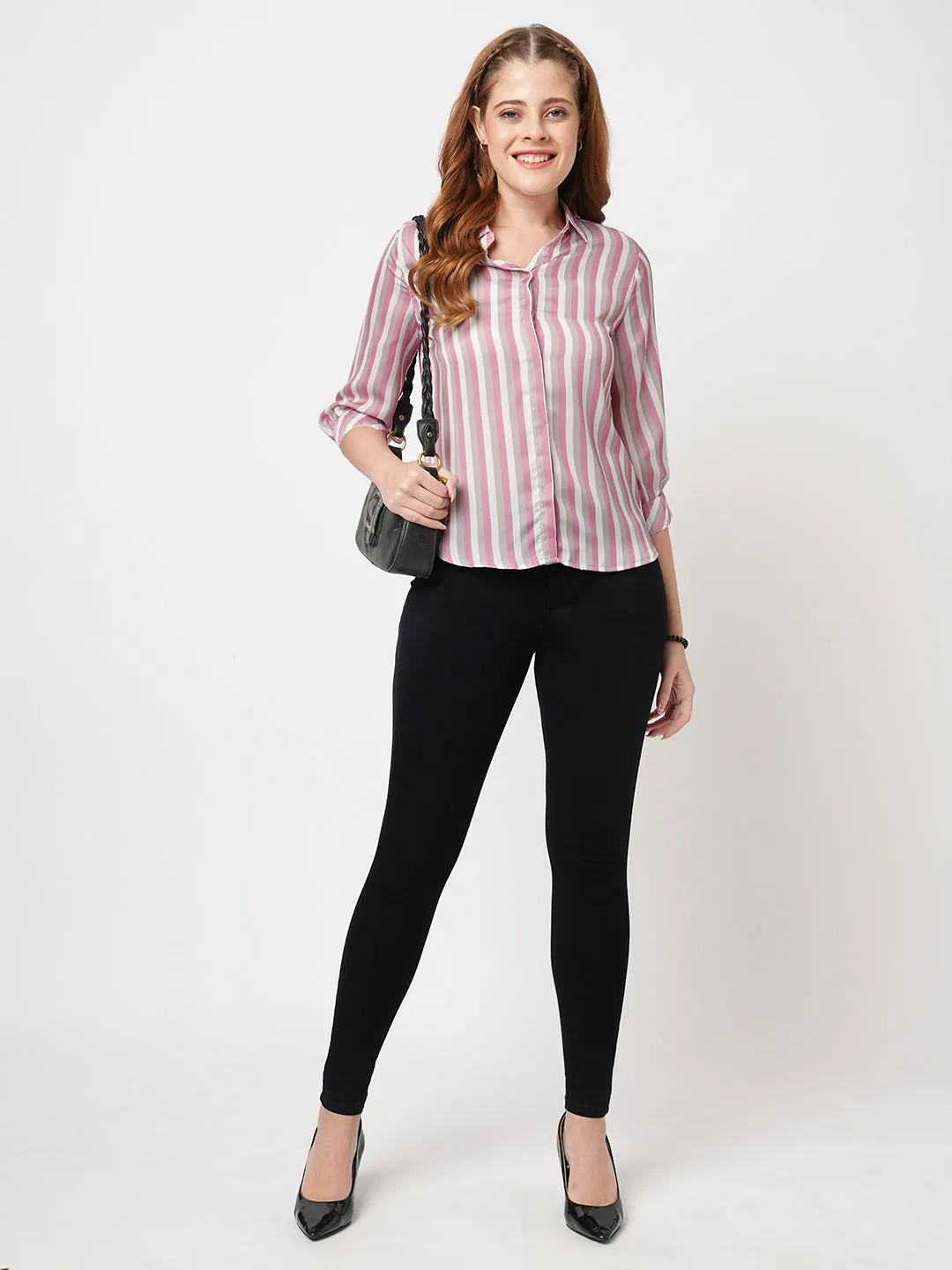 Women Slim Fit Pink/Cement Stripe Shirt