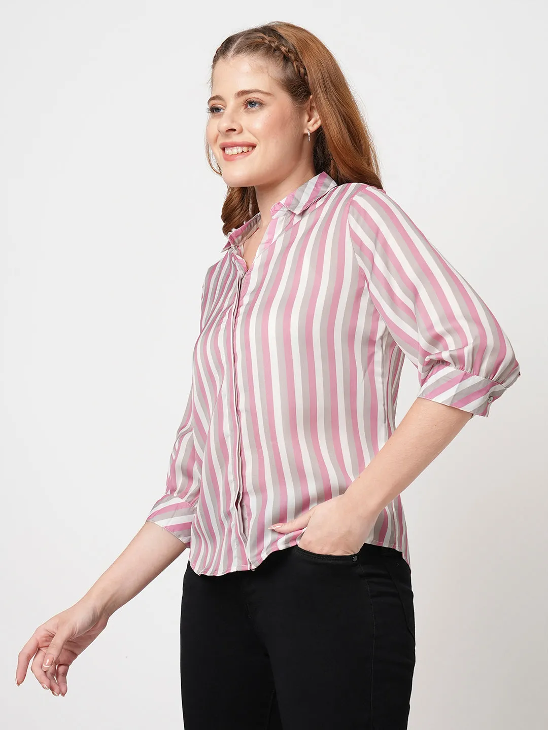 Women Slim Fit Pink/Cement Stripe Shirt