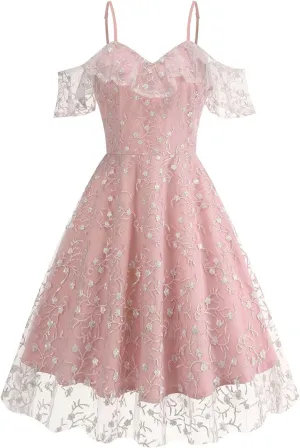 Women Vintage Spaghetti Strap Floral Embroidered Cocktail Party Dress Cold Shoulder Ruffle Sleeve Homecoming Tulle Dress