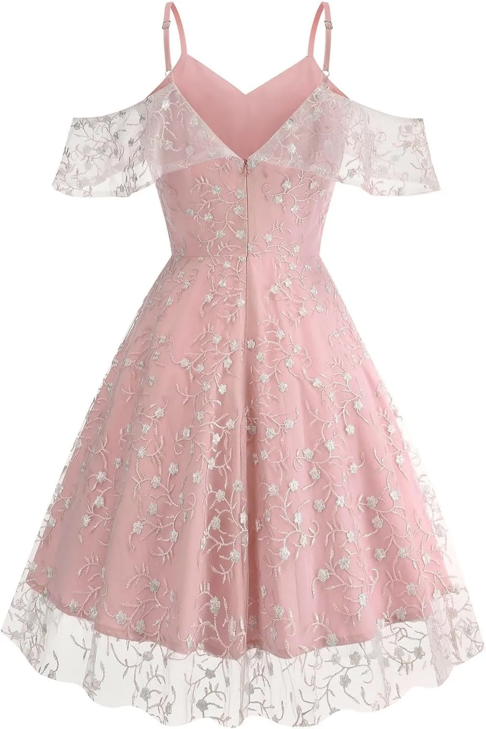 Women Vintage Spaghetti Strap Floral Embroidered Cocktail Party Dress Cold Shoulder Ruffle Sleeve Homecoming Tulle Dress