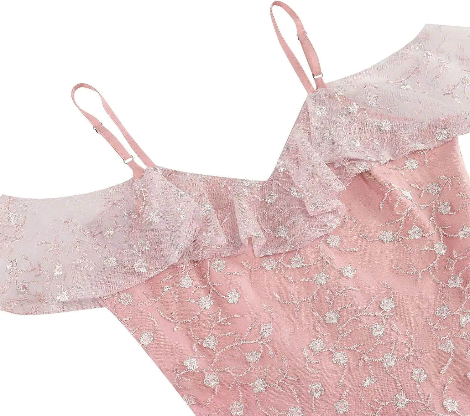 Women Vintage Spaghetti Strap Floral Embroidered Cocktail Party Dress Cold Shoulder Ruffle Sleeve Homecoming Tulle Dress