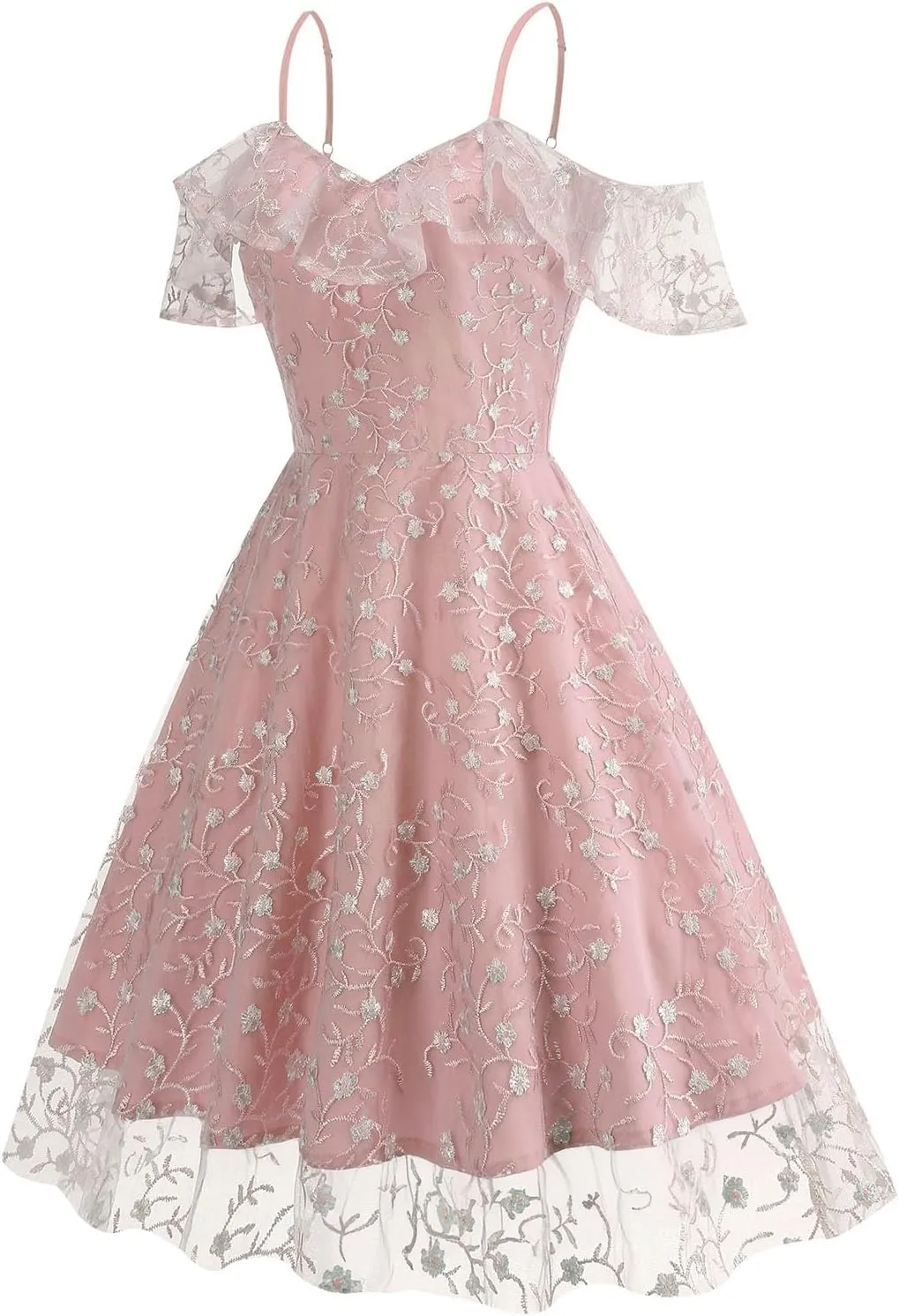 Women Vintage Spaghetti Strap Floral Embroidered Cocktail Party Dress Cold Shoulder Ruffle Sleeve Homecoming Tulle Dress