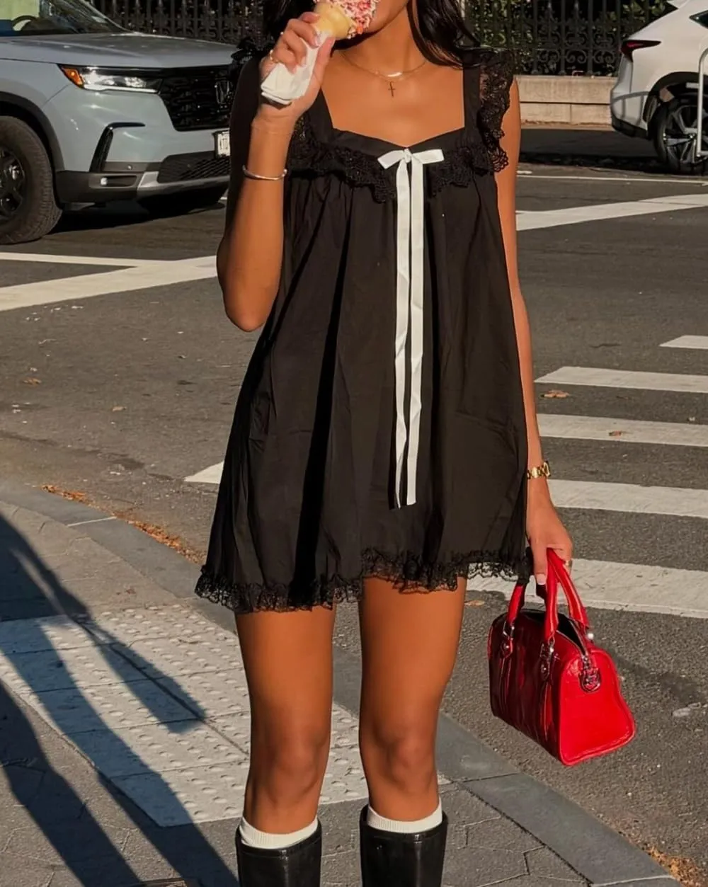 Women Y2K Bow Babydoll Mini Dress Spaghetti Strap Ruffle Sundress Flowy Sling Dress Graphic Going Out Dresses