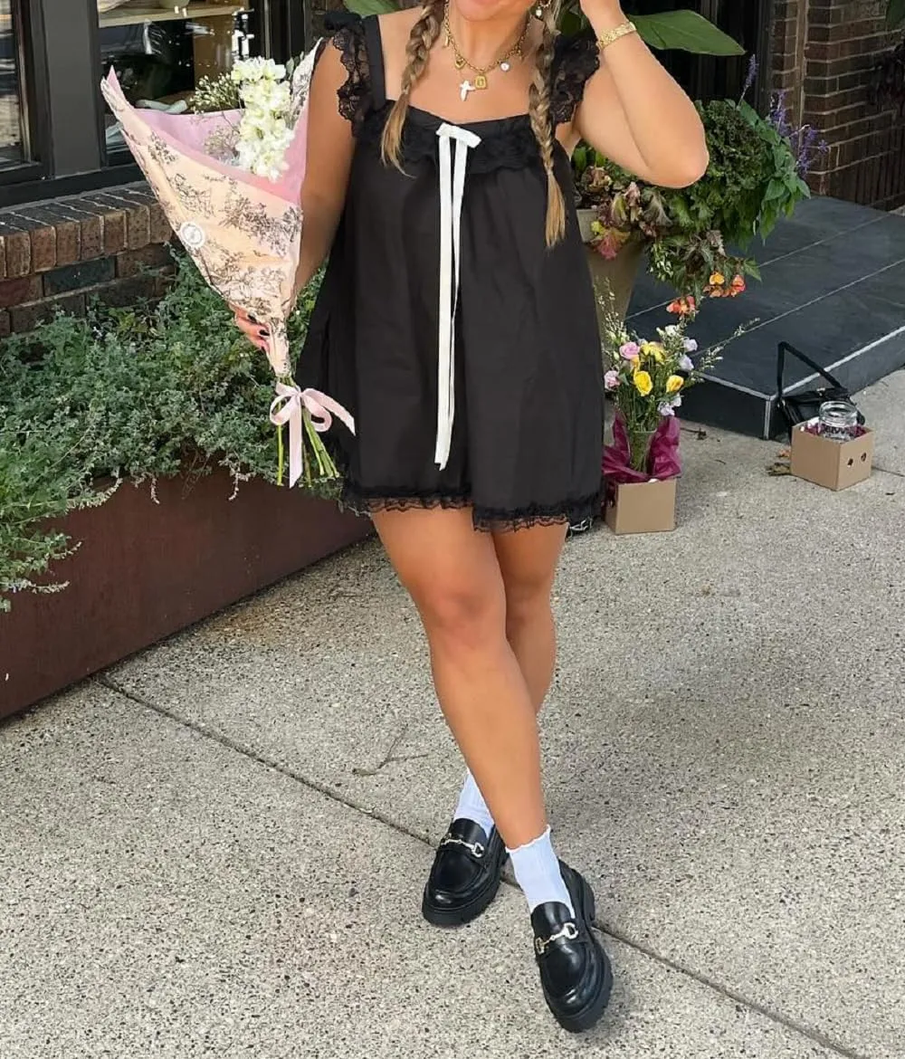 Women Y2K Bow Babydoll Mini Dress Spaghetti Strap Ruffle Sundress Flowy Sling Dress Graphic Going Out Dresses