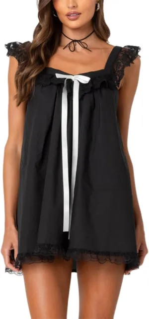 Women Y2K Bow Babydoll Mini Dress Spaghetti Strap Ruffle Sundress Flowy Sling Dress Graphic Going Out Dresses