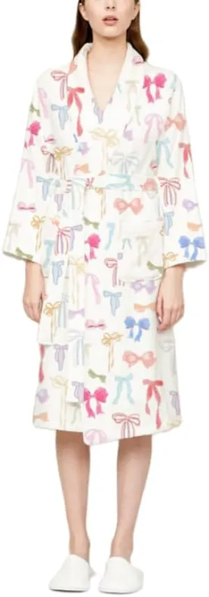 Women Y2k Cute Christmas Robes Cartoon Fleece Bathrobe with Belt Long Sleeve Casual Spa Nightgown Loungewear