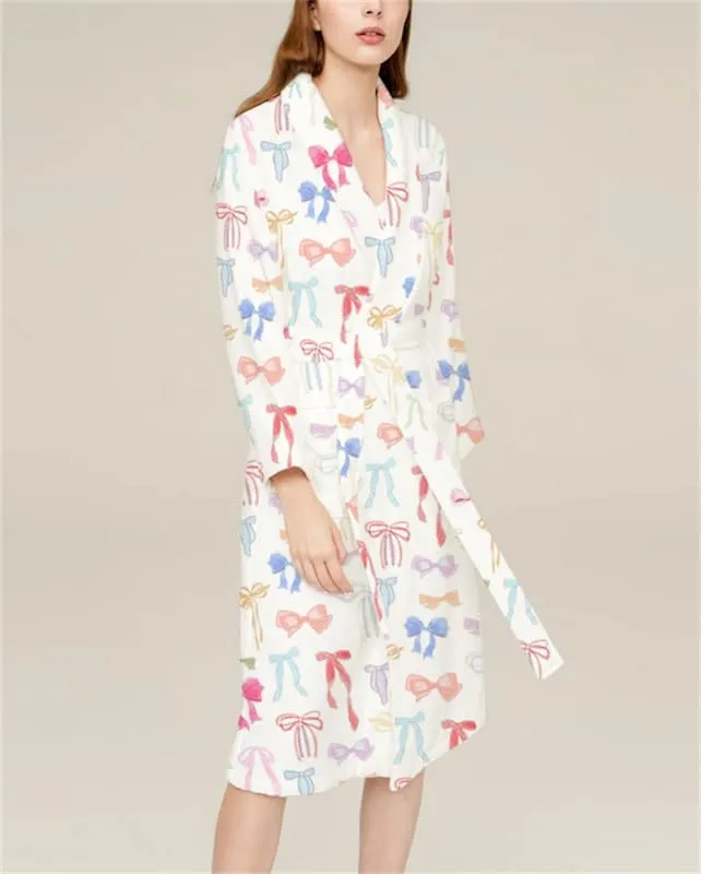 Women Y2k Cute Christmas Robes Cartoon Fleece Bathrobe with Belt Long Sleeve Casual Spa Nightgown Loungewear