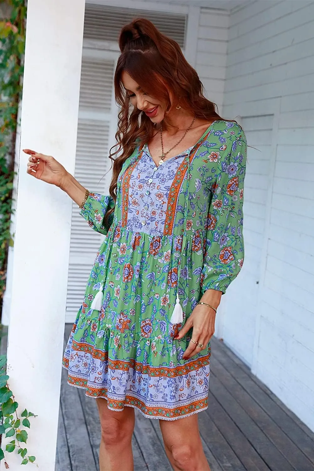 Women's 3/4 Sleeve Floral V Neck Tassel Pleated Loose Boho Ruffle Mini Dresses