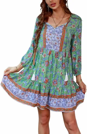 Women's 3/4 Sleeve Floral V Neck Tassel Pleated Loose Boho Ruffle Mini Dresses