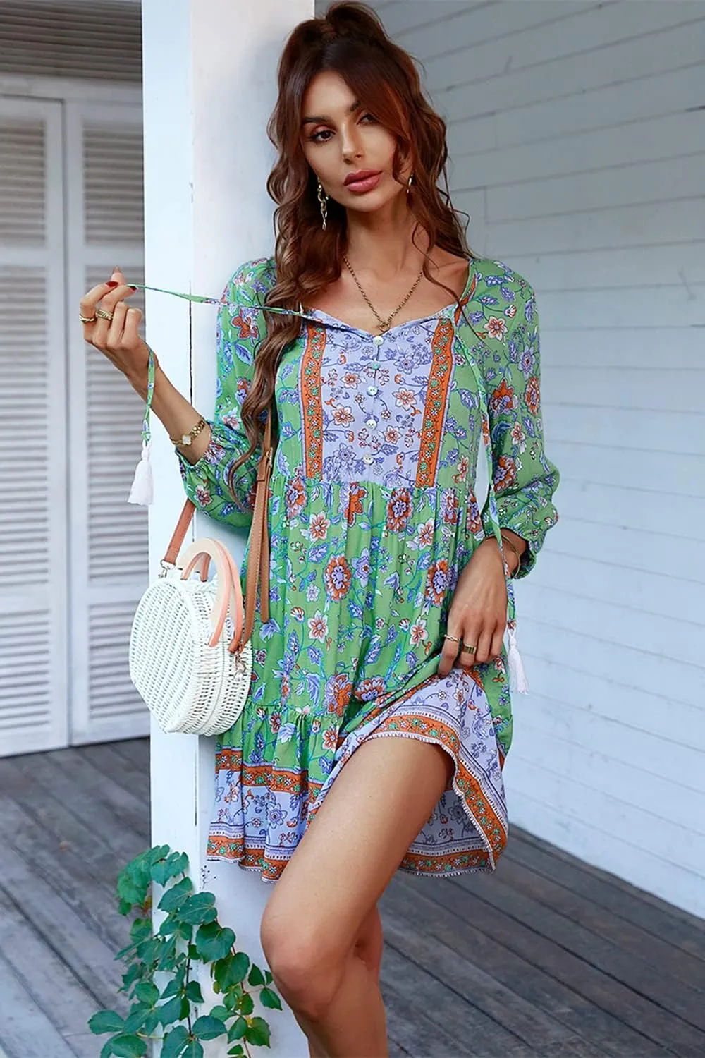 Women's 3/4 Sleeve Floral V Neck Tassel Pleated Loose Boho Ruffle Mini Dresses