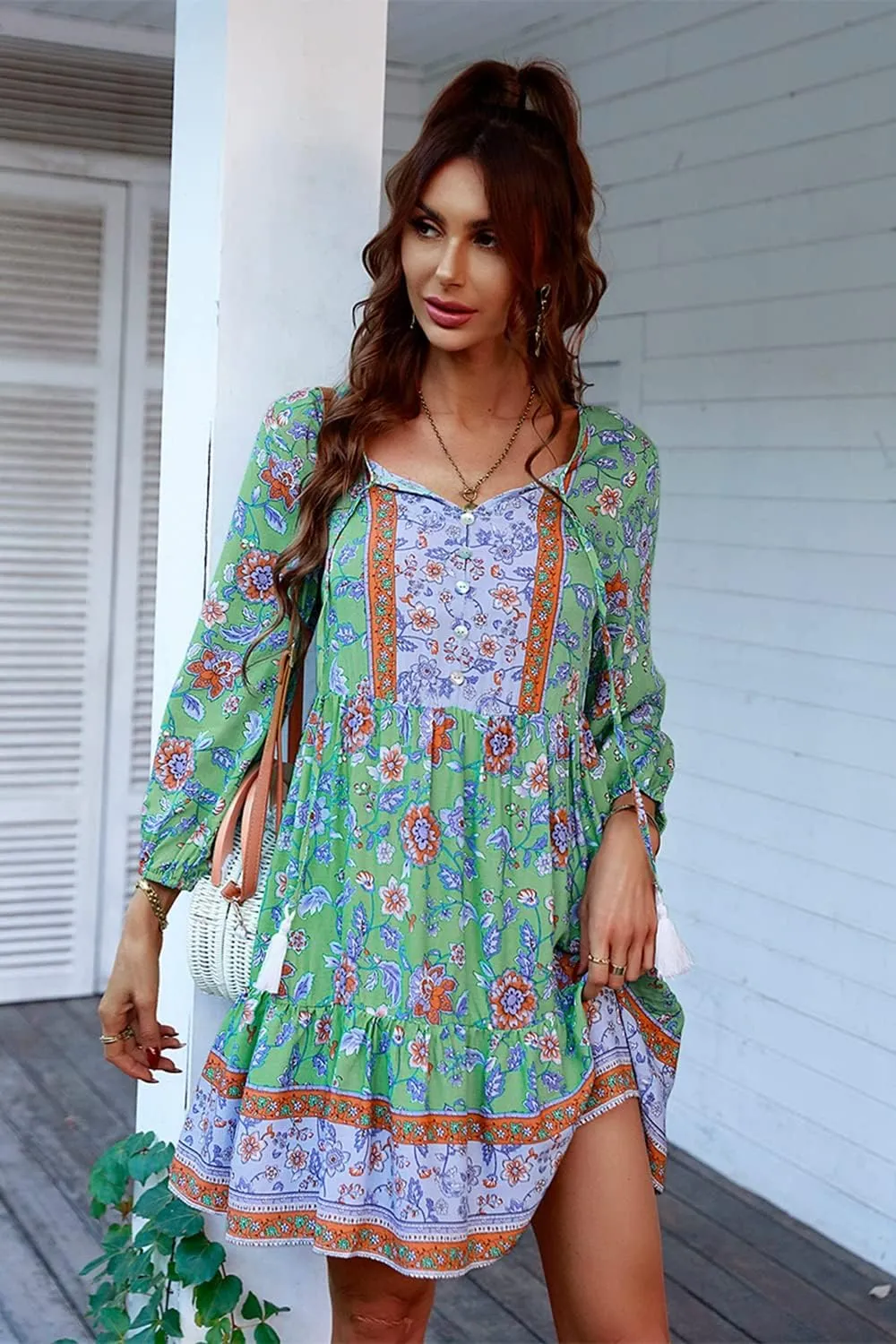 Women's 3/4 Sleeve Floral V Neck Tassel Pleated Loose Boho Ruffle Mini Dresses