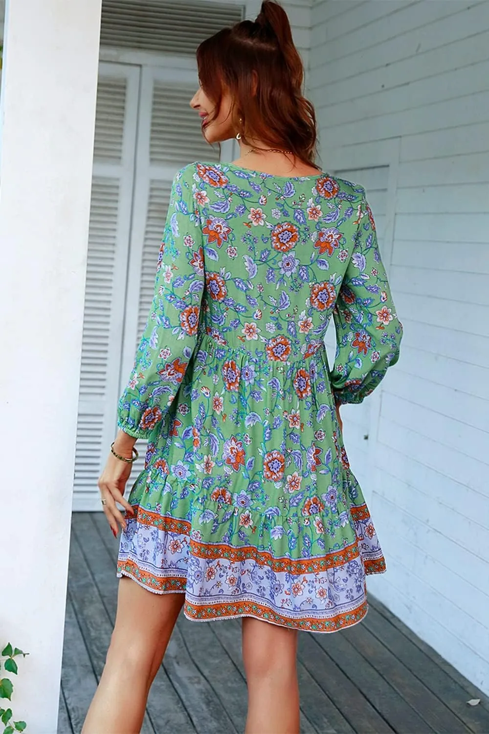 Women's 3/4 Sleeve Floral V Neck Tassel Pleated Loose Boho Ruffle Mini Dresses