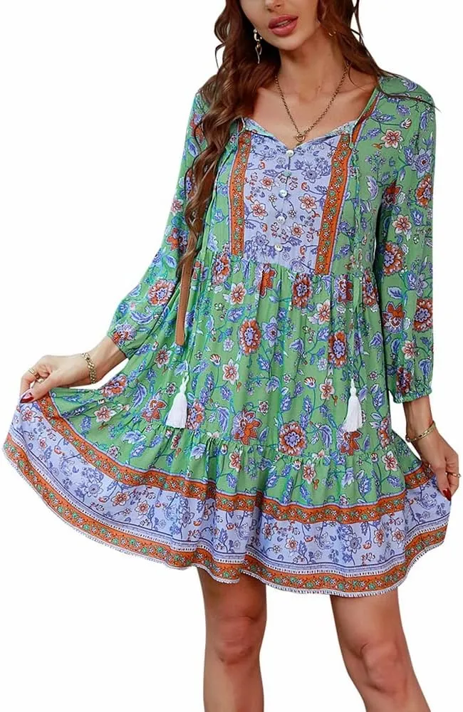 Women's 3/4 Sleeve Floral V Neck Tassel Pleated Loose Boho Ruffle Mini Dresses