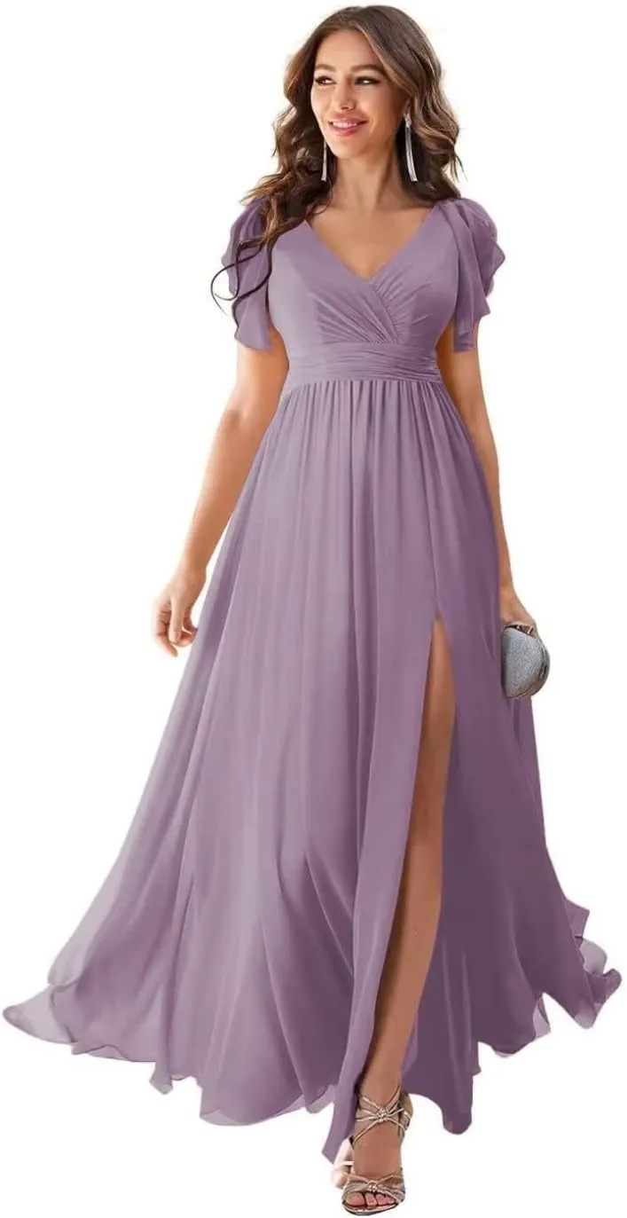 Women's Bridesmaid Dresses with Sleeve Long Summer Side Split Chiffon Formal Evening Gown with Pockets