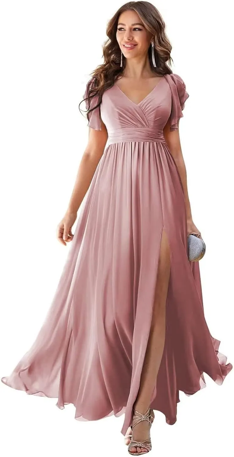 Women's Bridesmaid Dresses with Sleeve Long Summer Side Split Chiffon Formal Evening Gown with Pockets