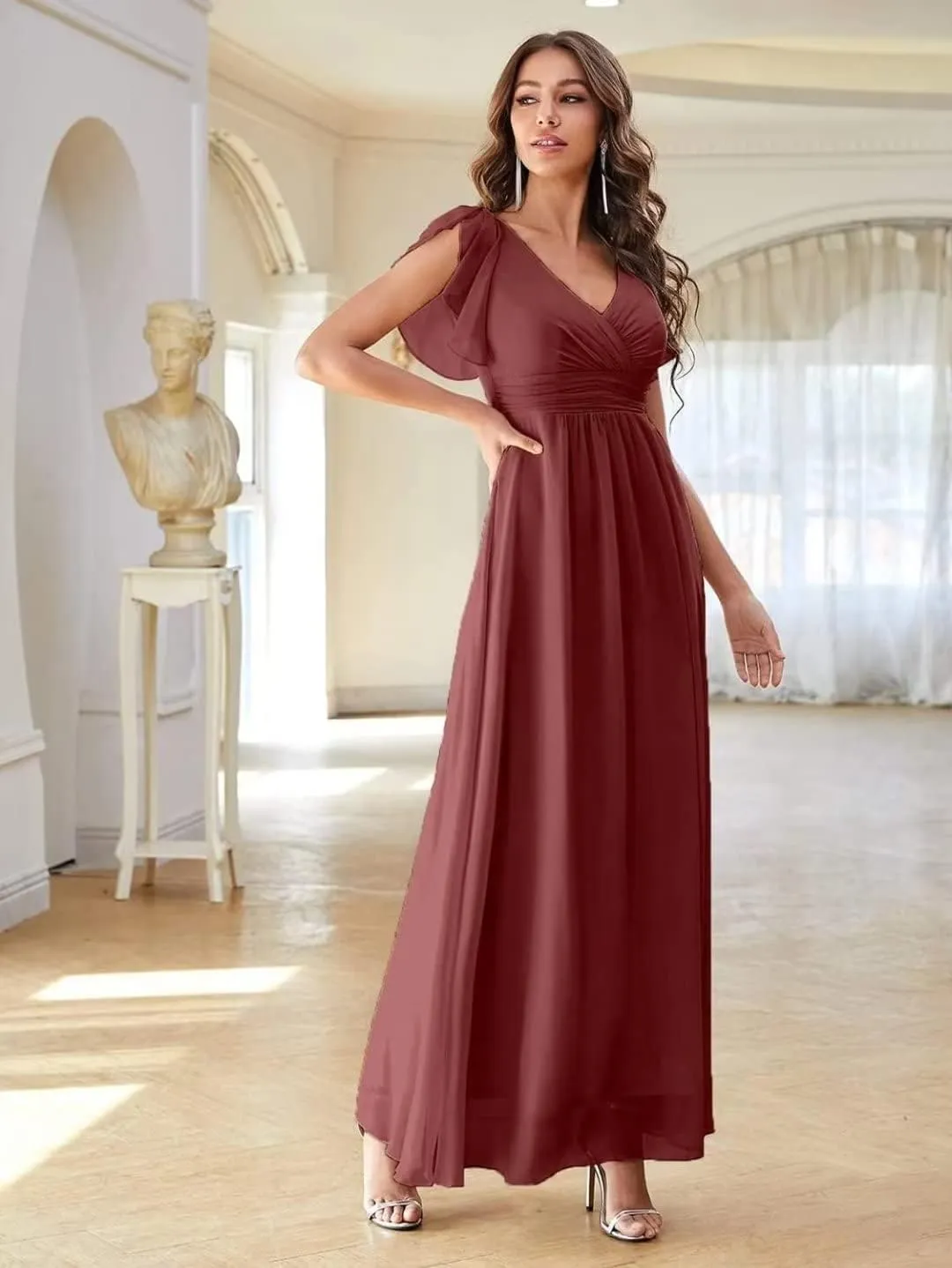 Women's Bridesmaid Dresses with Sleeve Long Summer Side Split Chiffon Formal Evening Gown with Pockets
